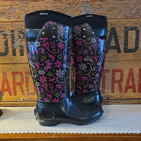 Bogs Black and Pink Floral Rain Boots - Picture 2 of 4